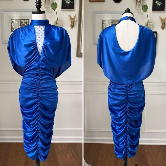 Vintage Dresses & Skirts - Vintage 80s Mayven’s of California Cobalt Blue Rocker Chic Ruched Midi Dress M